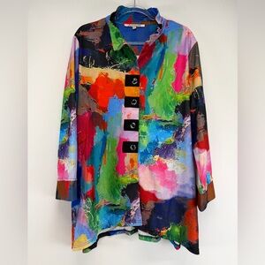 Serengeti Women’s Colorful Abstract Art-to-Wear Flexible Collar Tunic Size XL